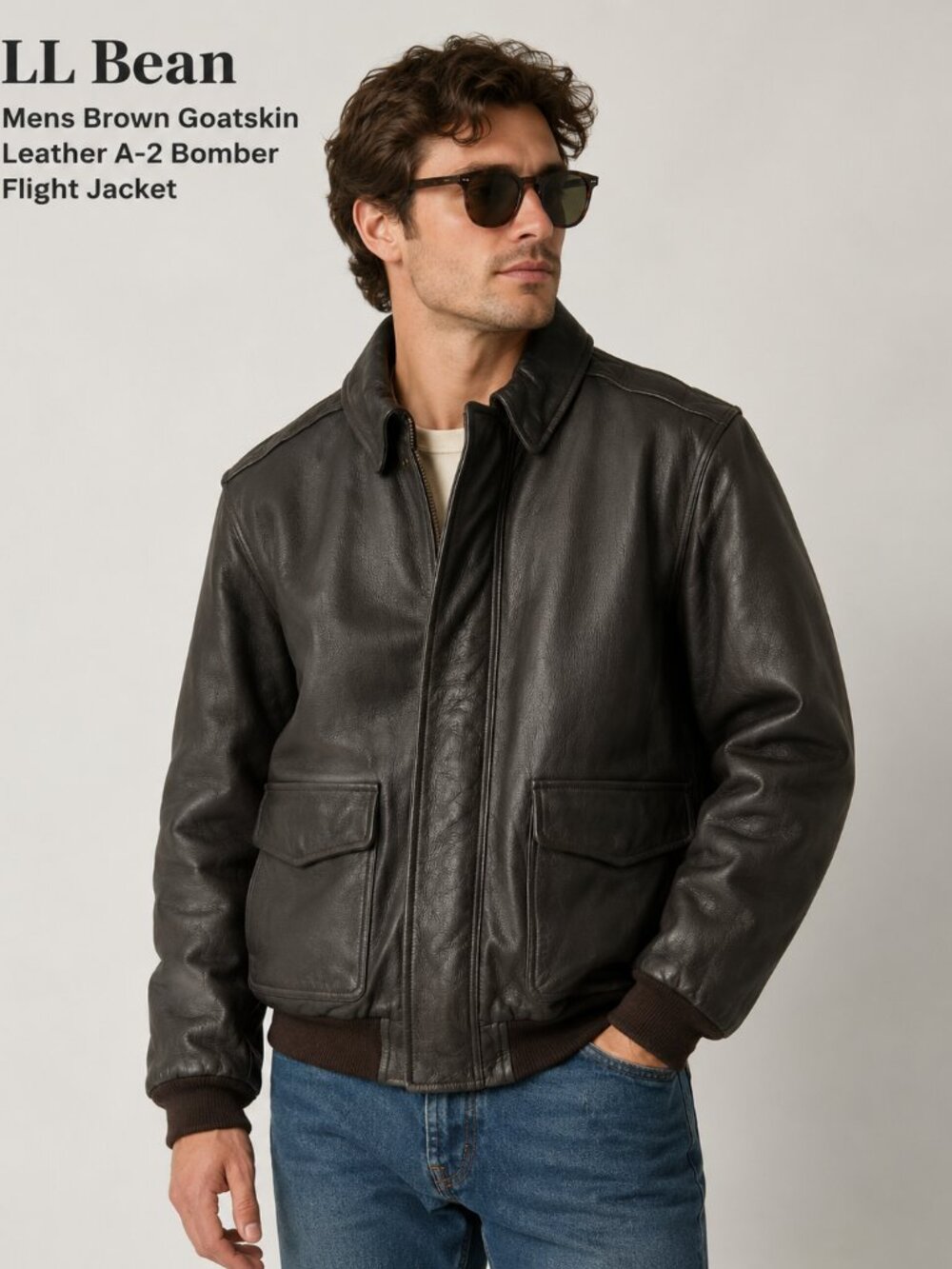LL Bean Mens Brown Goatskin Leather A-2 Bomber Flight Jacket Size L Tall